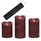 CANDLE CHOICE Battery Operated Flameless Candles with Remote Timer Real Wax Realistic Flickering Electric LED Pillar Lights for Home Wedding Party Christmas Decorations 3 Pack Rustic Texture Burgundy