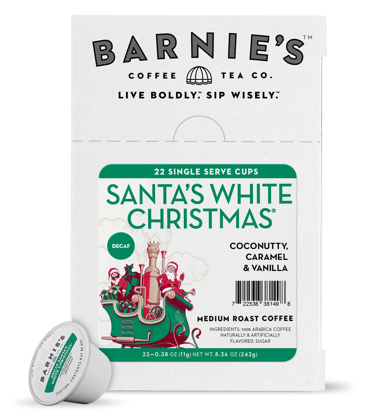 BARNIE'S COFFEE TEA CO. Single Serve K cups for Keurig Brewers Medium Roast Arabica Coffe Beans, Decaf Santa's White Christmas, 22 Count
