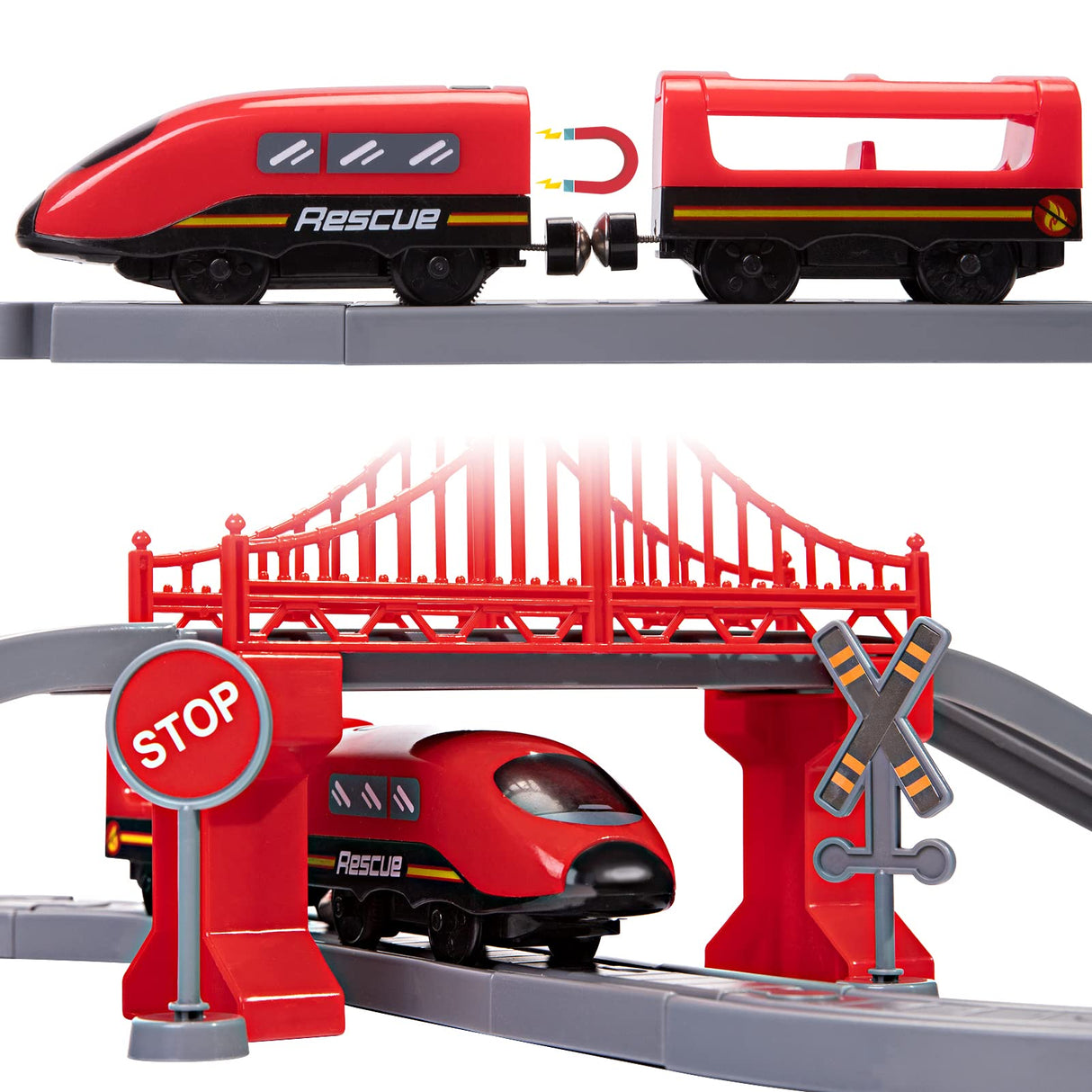 Train Sets for Toddlers, 66 Pcs Trains Toy with Battery Operated & Tracks (Magnetic Connection), Compatible with Thomas, Brio, Christmas Toy Gifts for 3 4 5 6 7 8 Years Old (Fire Engines)