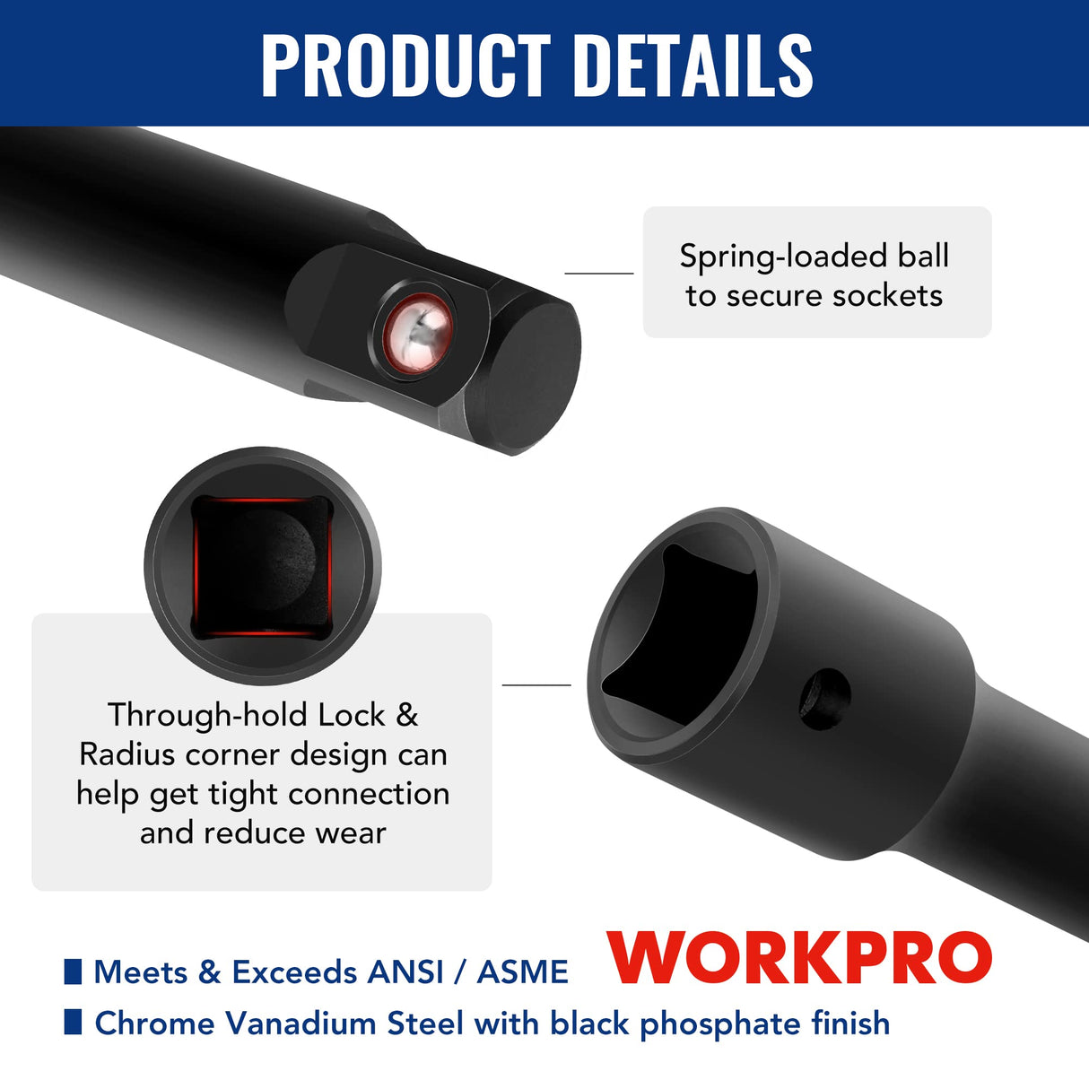 WORKPRO 18-Piece Impact Socket Extension Set, Includes Socket Adapters, Ratchet Extension Set, Socket Extension Bar, Swivel Universal Joints and Impact Coupler, 1/4", 3/8" & 1/2" Drive