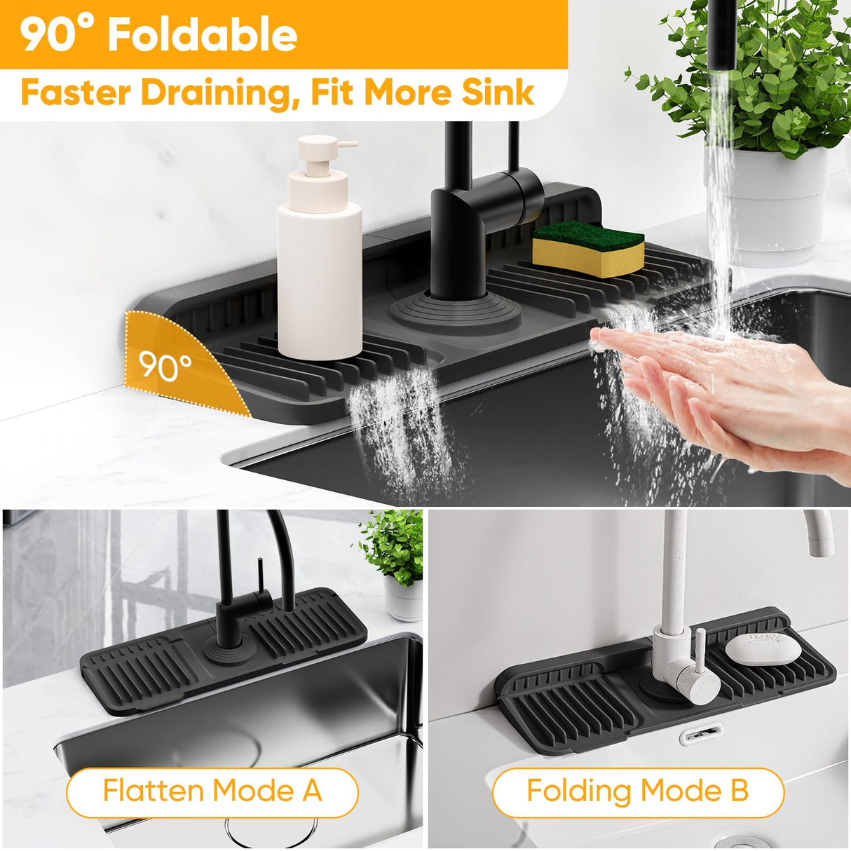 14.6 inch Faucet Mat for Kitchen Sink Splash Guard[7° Slope Fast Self-draining][Snap Lock Fit]Kitchen Sink Faucet Mat Splash Guard Kitchen Sink Area Water Splash Guard Behind Faucet Draining Mat