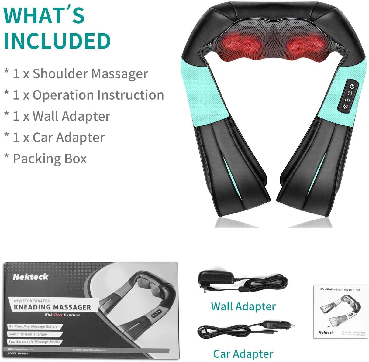 Nekteck Shiatsu Neck and Back Massager with Soothing Heat, Electric Deep Tissue 3D Kneading Massage Pillow for Shoulder, Leg, Full Body Muscle Pain Relief, Car, Office and Home Use