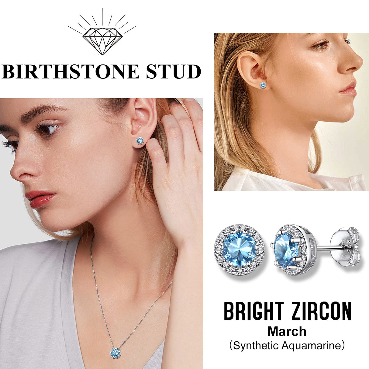 Bestyle 925 Sterling Silver Love Round Cubic Zirconia Earrings March Aquamarine Birthstone Stud Earrings for Women, Hypoallergenic Earrings for Sensitive Ears