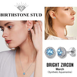 Bestyle 925 Sterling Silver Love Round Cubic Zirconia Earrings March Aquamarine Birthstone Stud Earrings for Women, Hypoallergenic Earrings for Sensitive Ears