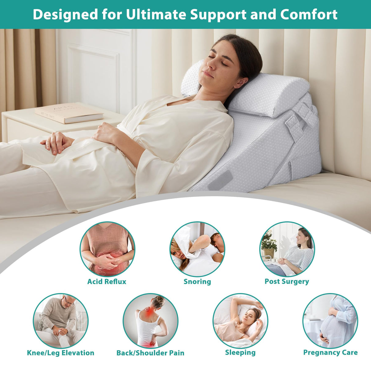 Bedluxe 3Pcs Orthopedic Bed Wedge Pillow Set, Foam Wedge Pillow Post Surgery for Back, Leg and Knee Support, Adjustable 9&12 Inch Folding Triangle Pillow for Sleeping, Acid Reflux, Snoring, Light Grey