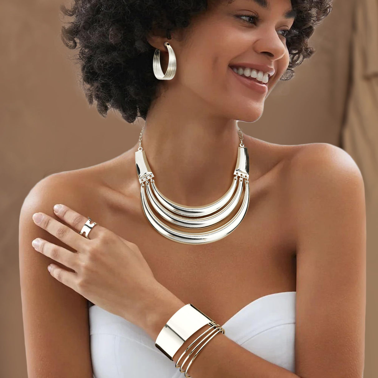 JOERICA Bib Choker Necklace Silver Jewelry Set Wide Cuff Bangle Bracelet Open Hoop Earrings Adjustable Ring Chunky Silver Statement Costume Jewelry Set for Women