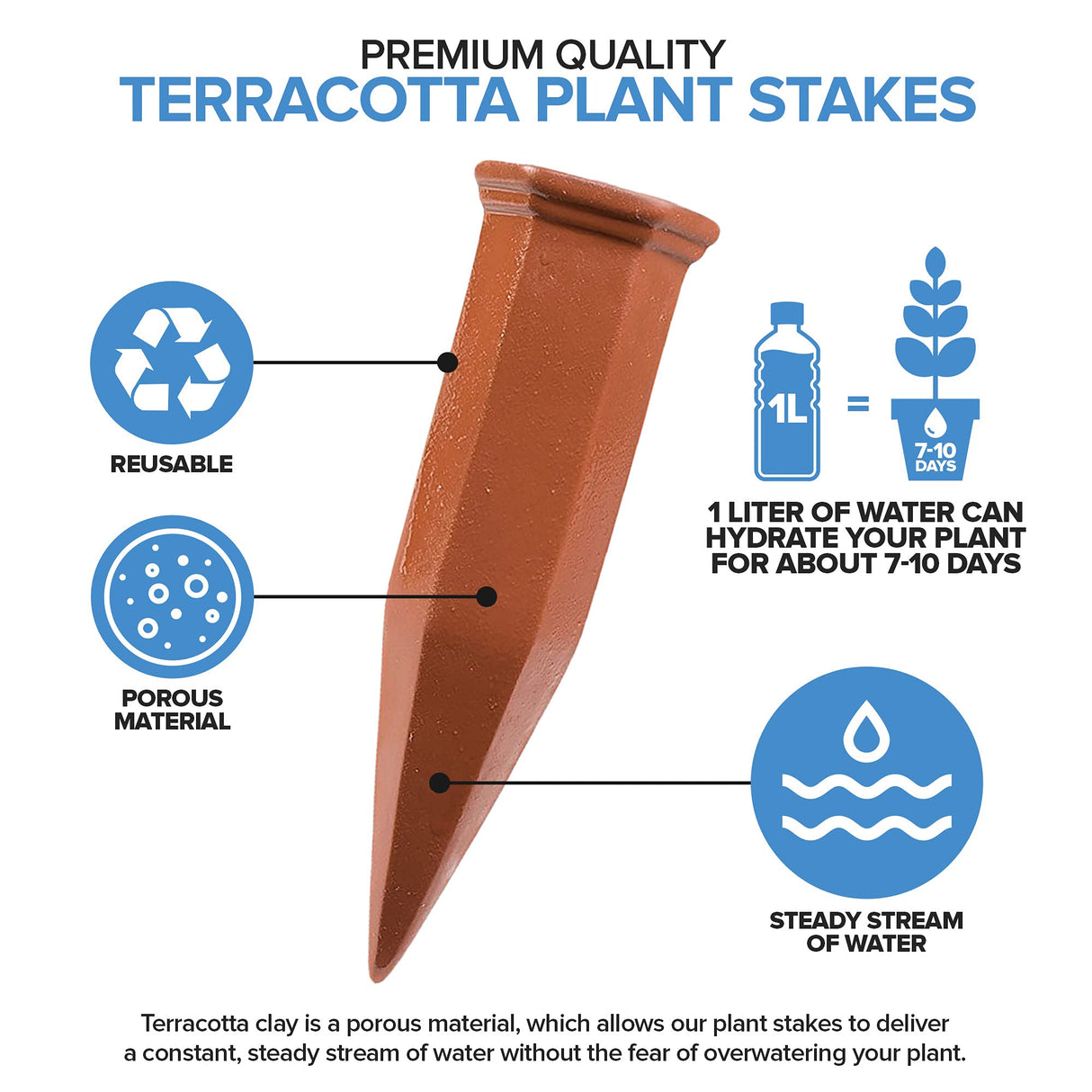 Modern Innovations Ceramic Terracotta Self Watering Spikes (6 Pack) Vacation Automatic Plant Waterer Devices, Indoor/Outdoor Planter Insert, Terra-Cotta Stakes for Potted Plants, Auto-Water System