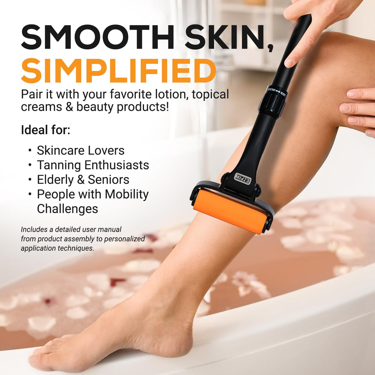 EZPIK Lotion Applicator for Back, Extendable up to 23" - Curved Design Back Lotion Applicator for Elderly/Seniors with Limited Mobility, Lotion Stick & Sunscreen Spreader for Skin Cream, Oils & More