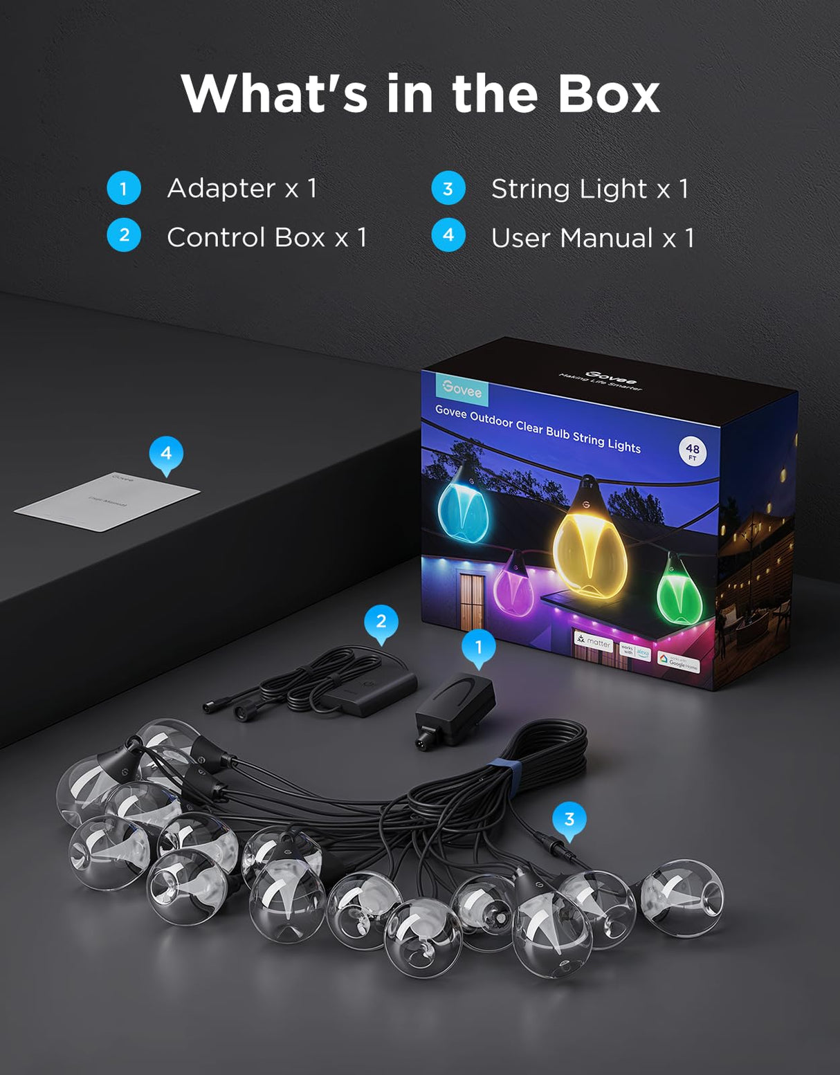 Govee Clear Bulb Outdoor String Lights, 48ft RGBWIC Dimmable Patio & Backyard Lights with 15 LED Bulbs, 111 Modes, IP67 Waterproof & Shatterproof, Works with Alexa, Google & Matter