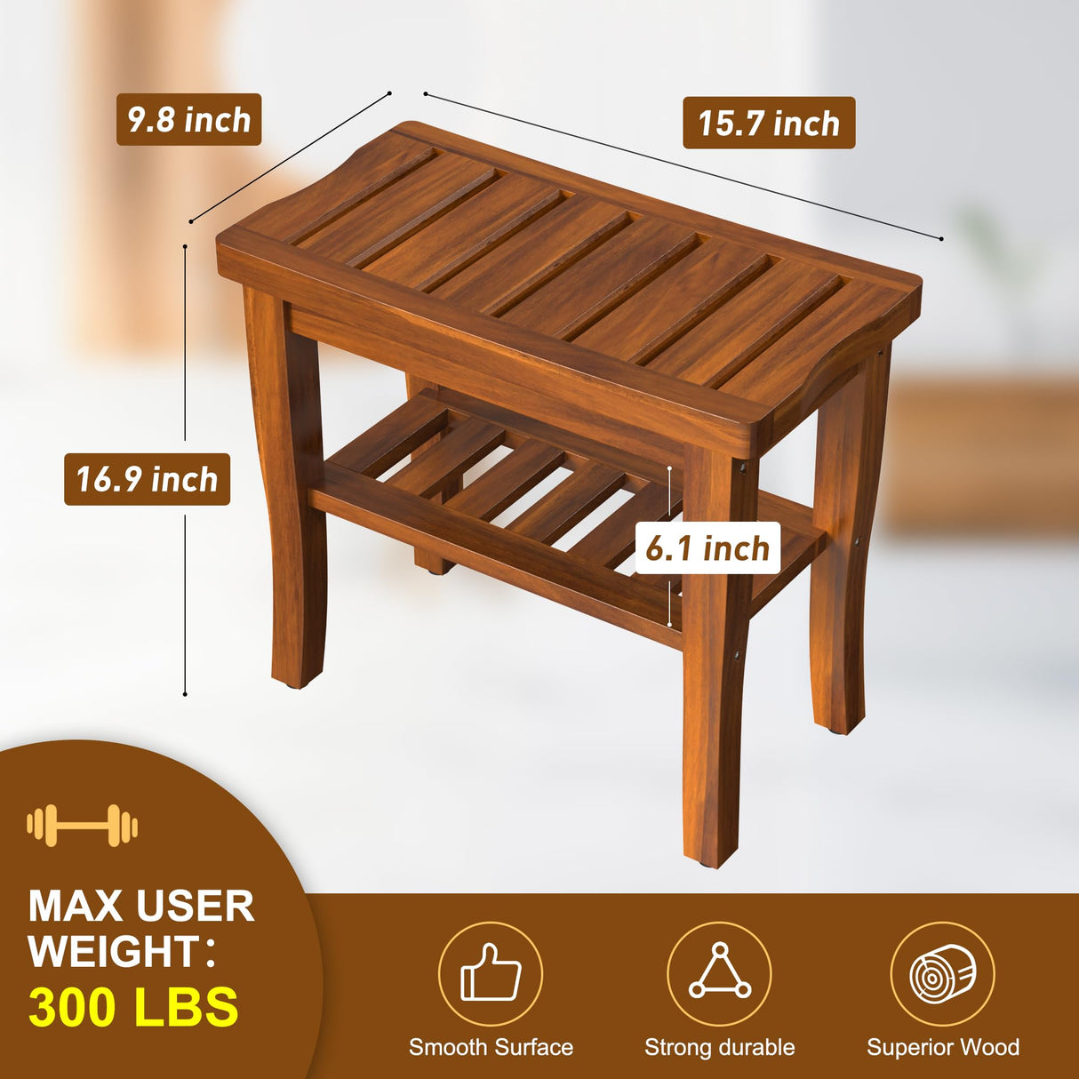 Greenual Teak Wood Shower Bench Stool with Storage Shelf, Wooden Waterproof Bathroom Spa Bathing Teak Shower Stool with Non-Slip Feet Gadget 2024 for Indoor or Outdoor Shower Chair Seat Organizer