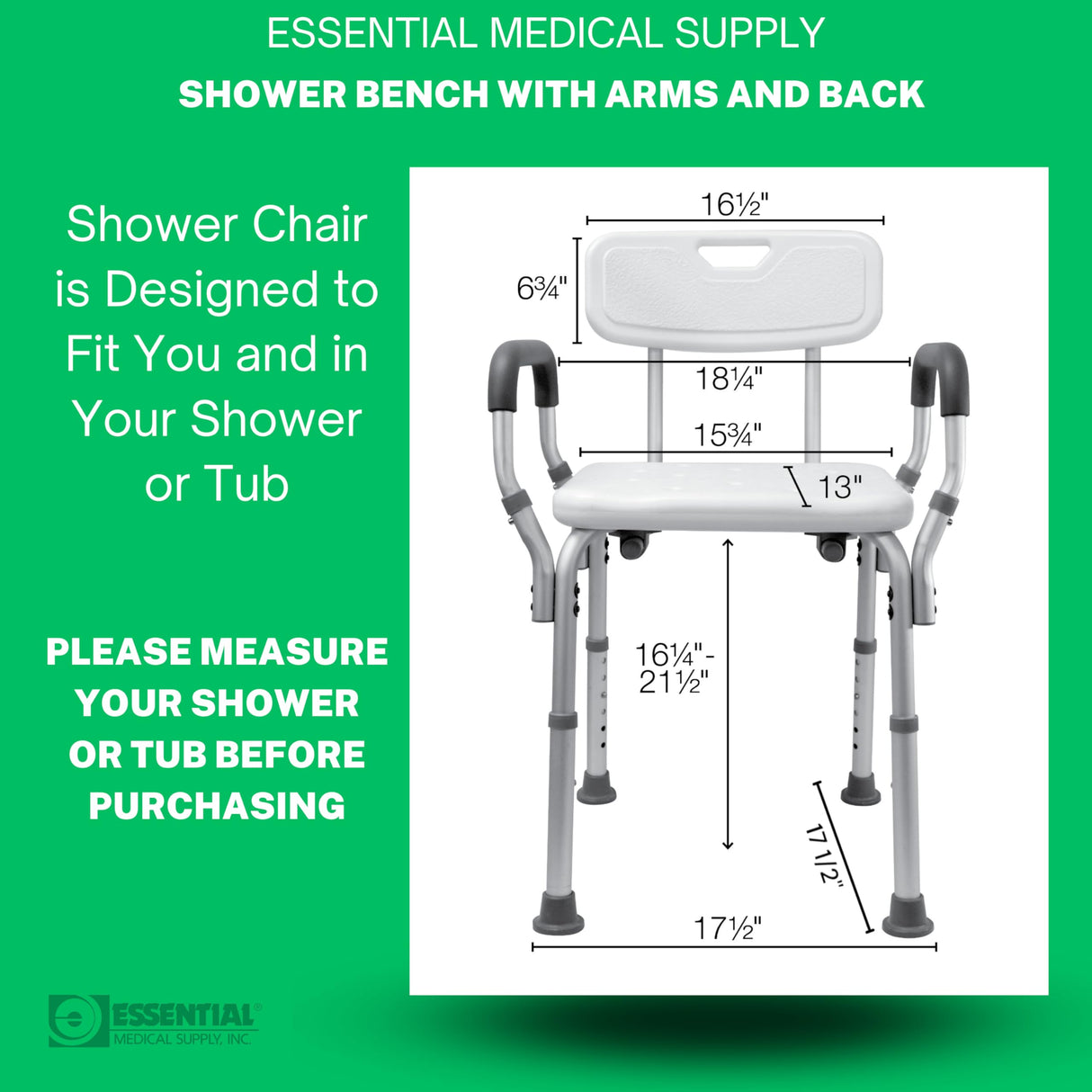 Essential Medical Supply Height Adjustable Shower and Bath Bench with Padded Arms, Contoured Back and Textured Shower Chair Seat - Perfect for The Bath and Shower