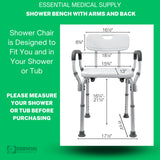 Essential Medical Supply Height Adjustable Shower and Bath Bench with Padded Arms, Contoured Back and Textured Shower Chair Seat - Perfect for The Bath and Shower
