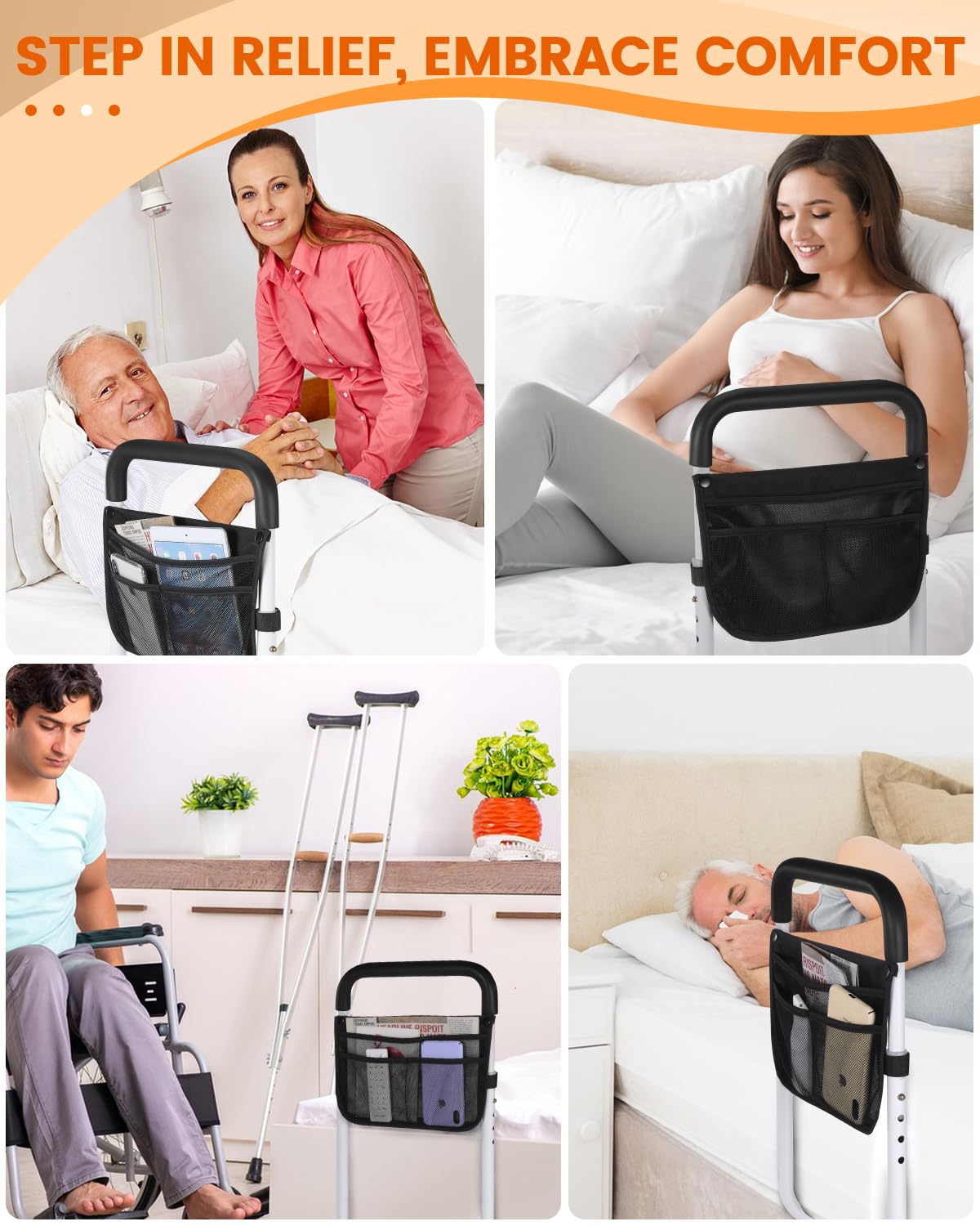 Bed Rails for Elderly Adults Safety - Adjustable Bed Assist Rail for Seniors - Stable Bed Side Rails Handle Support Bar Bed Guard Rails with Storage Bag & Fixing Strap, Fit King Queen Full Twin Bed