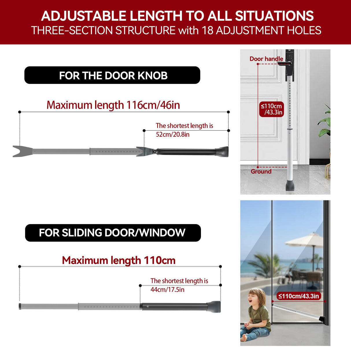 AceMining Upgraded Door Security Bar & Sliding Patio Bar, Heavy Duty Stoppers Adjustable Jammer for Home, Apartment, Travel (1 Pack,White)