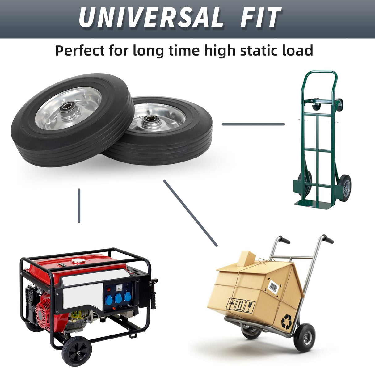GICOOL 10" x 2.5" Flat Free Solid Rubber Tire with 5/8" Axle Bore Hole, 2 1/4" Hub, Replacement 4.10/3.50-4" for Hand Truck Dolly Trolley Garden Wagon Cart Generator, 2 Pack