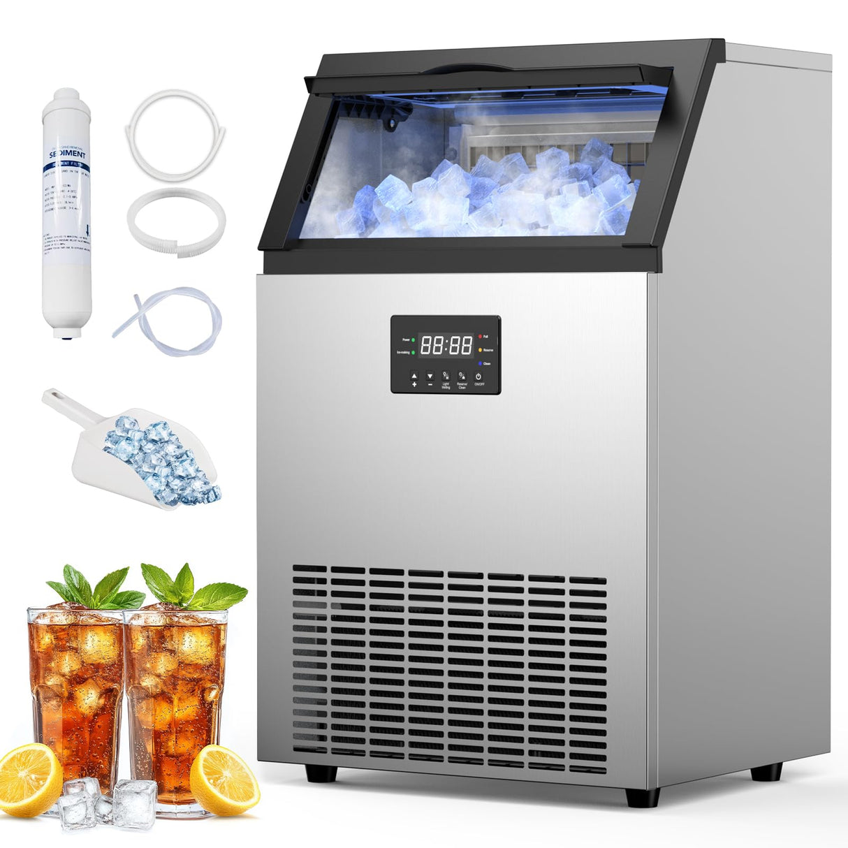 Commercial Ice Machine 200Lbs/24H, Commercial Ice Maker with 50 LBS Storage Bin, Ice Cubes Ready in 5-15 min, Freestanding or Under Counter Ice Maker Machine, Thicknesses Adjustable, Stainless Steel
