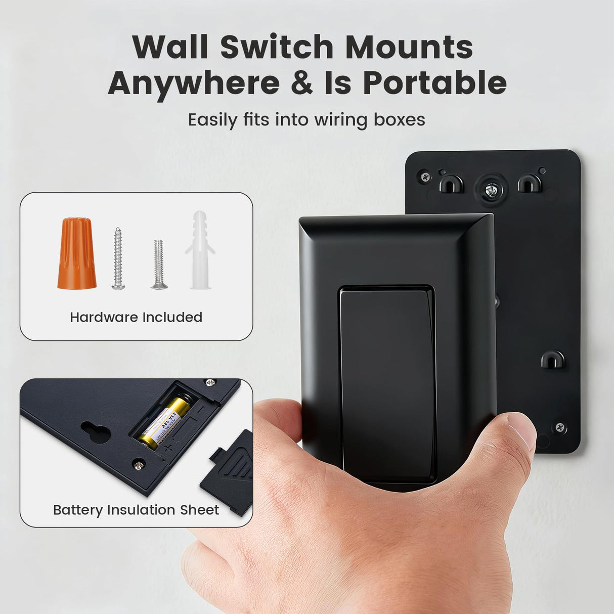 SURAIELEC Wireless Light Switch and Receiver Kit Black, 15A High Power, No Wiring No Interference, 100ft Range, Expandable Remote Control Wall Switches for Lamp, Ceiling Light, Fan, Outdoor Lighting