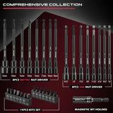 Nut Driver Impact Bit Set - 31-Piece Magnetic Socket Impact Drill Bit Tool Sets Extra Long Hex Nut Setter Driver Holder - Metric SAE Screwdriver Bits 1/4 Drive Shank Adapter Extension