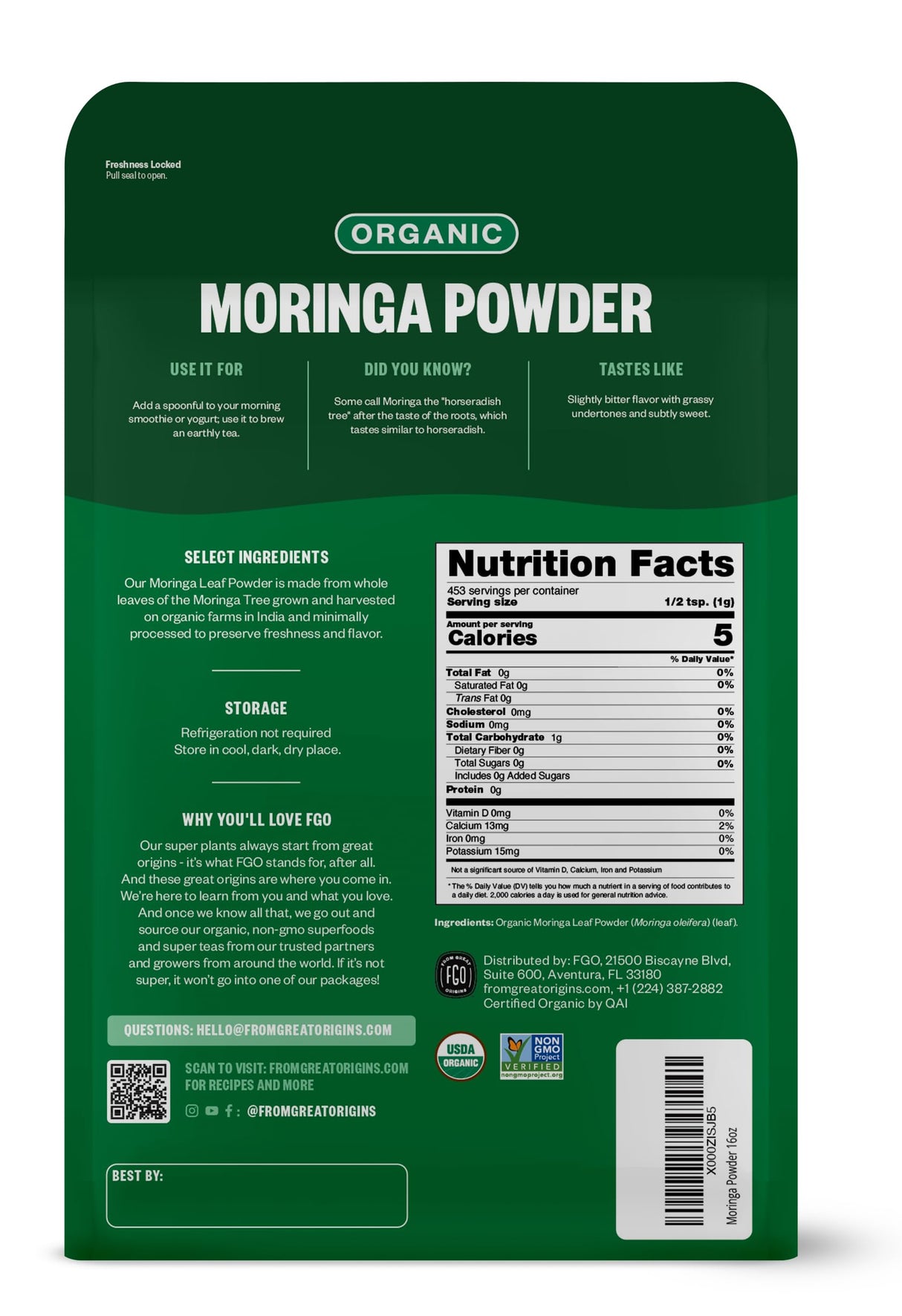 FGO Organic Moringa Oleifera Leaf Powder, 16oz Bulk Resealable Pouch, Sourced from India, Non-GMO, Packaging May Vary (Pack of 1)