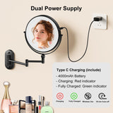 IMIKONA 9" Wall Mounted Lighted Makeup Mirror,4000mAh Rechargeable Double Sided 1X/10X Magnifying Mirror with Light,3 Color Lights,Touch Dimmable,Extended Arm 360 Rotation Wall Mounted Makeup Mirror