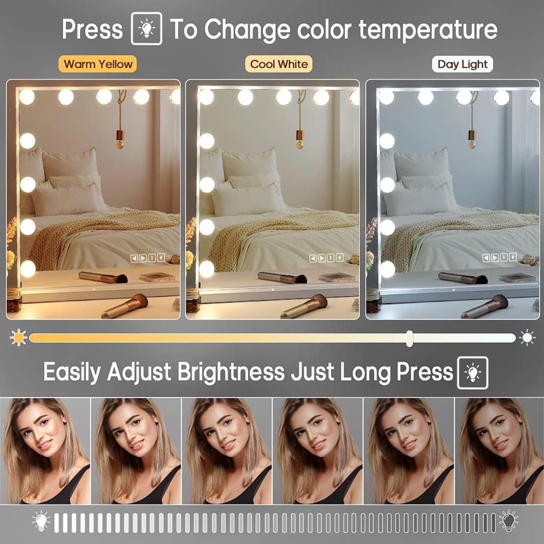 Fenair Vanity Mirror with Lights and Speaker Hollywood Speaker Support Answer Call, Touch Screen, 3 Color Modes Tabletop 15 Dimmable Bulbs