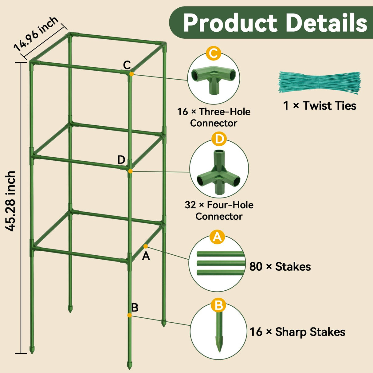 4 Pack 45" Tomato Cages for Garden, Heavy Duty Adjustable Plant Support