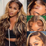 Honey Blonde Lace Front Wig - Human Hair, 13x6 HD Body Wave Highlight Ombre Lace Frontal Wig, Pre Plucked With Baby Hair, 180% Density, Glueless, 30inch