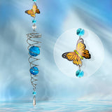 FONMY Butterfly Sun Catcher Gazing Ball Wind Spinner Rainbow Maker Silver Spiral W/ K9 Blue Crystal Ball Christmas Gfit Tree Hanging Ornament Indoor Outdoor Garden Decor. 19.5inch H