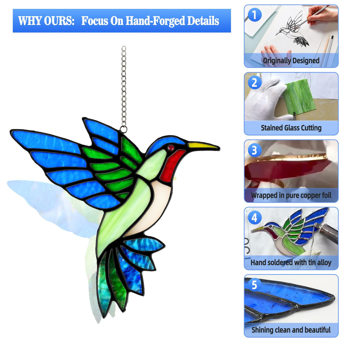 2 Pcs Hummingbird Stained Glass Window Hanging Suncatchers,Gifts for Women