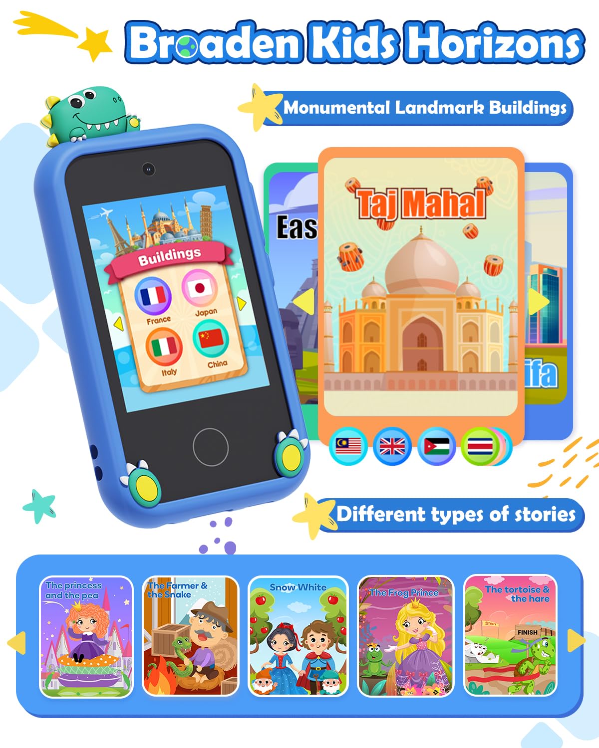 Sueseip Smart Phone for Kids Toys Age 4-6, Christmas Birthday Gifts Dinosaur Toddler Toys for Boys 5-7, Touchscreen Dual Camera Kids Cell Phone for Boys Age 8-10, with Games,SD Card,Screen Protector