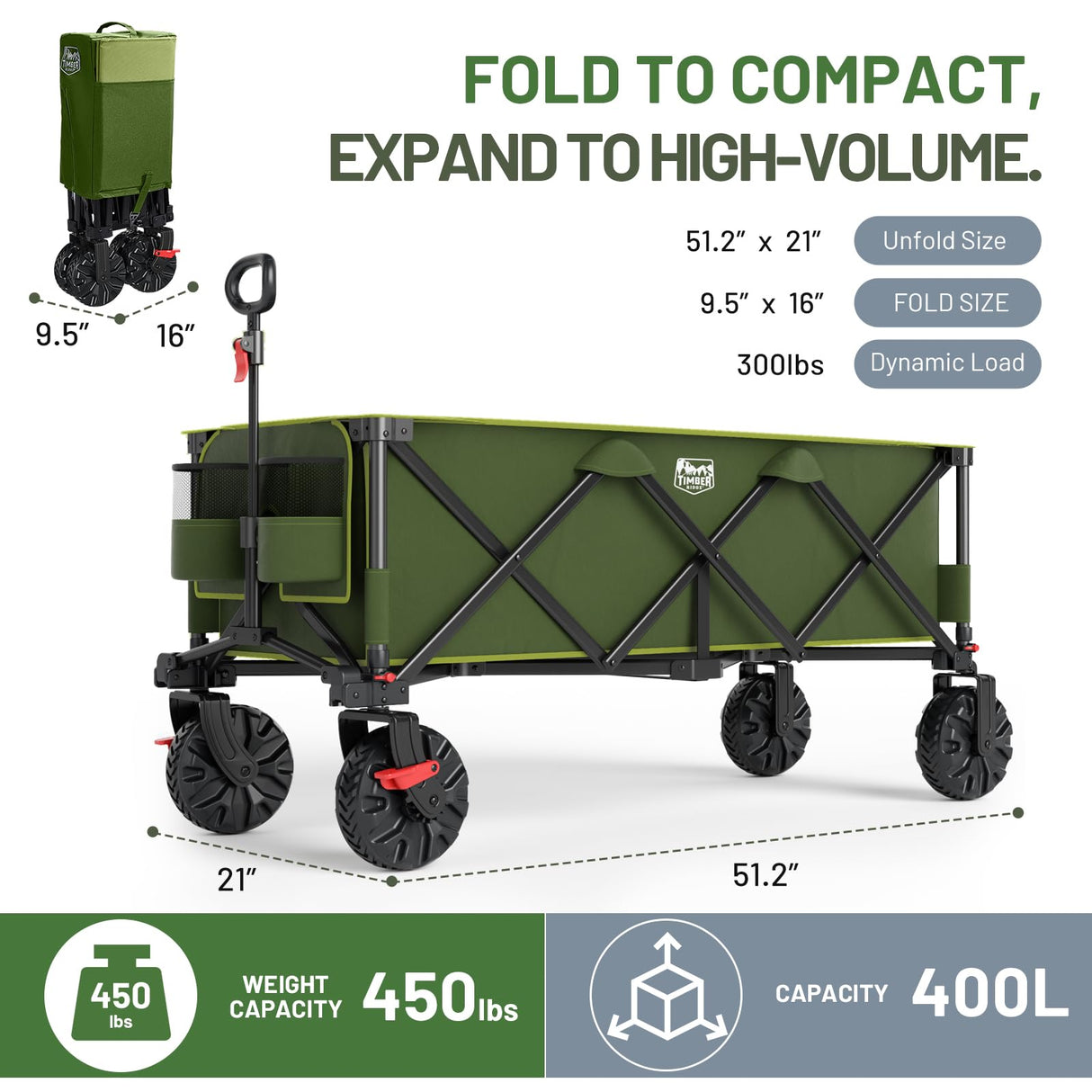 Timber Ridge 51.2'' Extended Collapsible Wagon Cart with Brakes and Cargo Net, Heavy Duty Foldable Utility Wagon with Adjustable Handle, 400L Capacity Portable Cart for Camping Sports Shopping