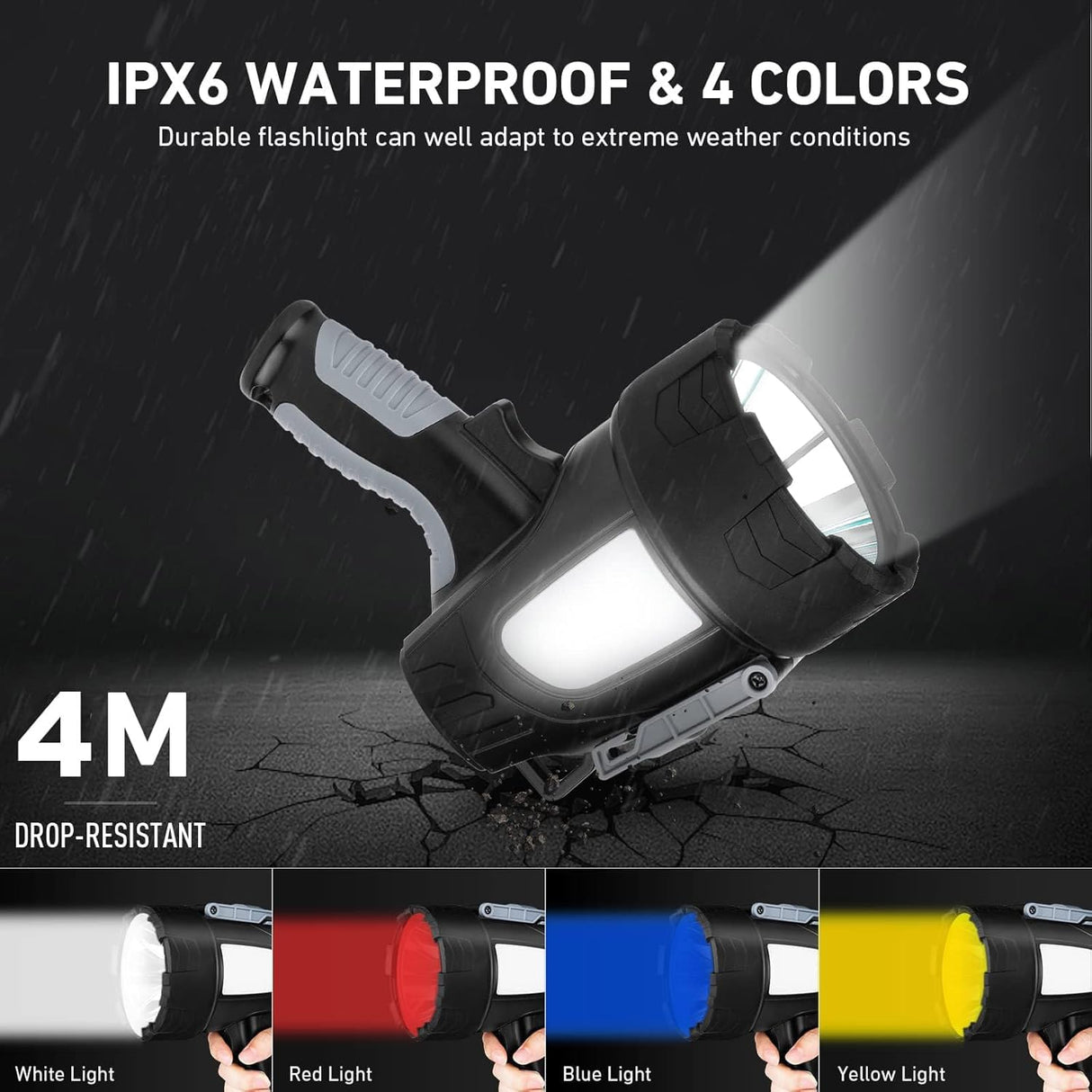 LBE Rechargeable Spotlight Outdoor, 2,000,000 Lumens Led Spotlight Flashlight with Cob Light and Foldable Tripod, 6 Modes Waterproof Handheld Spot Light for Outdoor Marine Boating Hµnting
