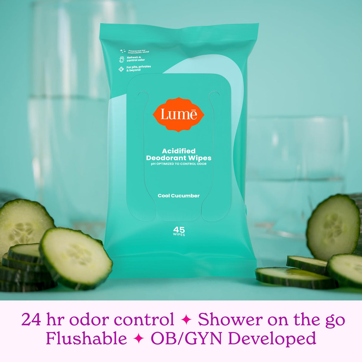 Lume Acidified Deodorant Wipes - 24 Hour Odor Control - Aluminum Free, Baking Soda Free, Skin Loving - 45 Count (Pack of 2) (Cool Cucumber)
