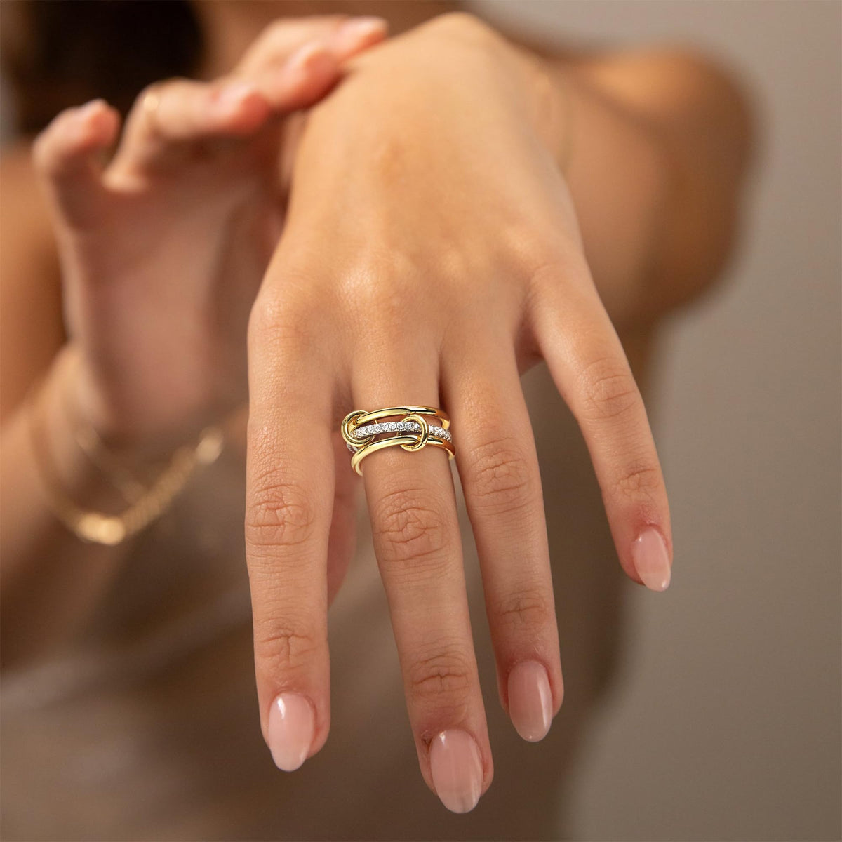 JINEAR Gold Stackable Rings for Women Non Tarnish 14K Gold Plated Interlocked Ring Gold Silver Mixed Metal Statement Rings Dainty Cubic Zirconia Band Thumb Ring Jewelry Gift for Women