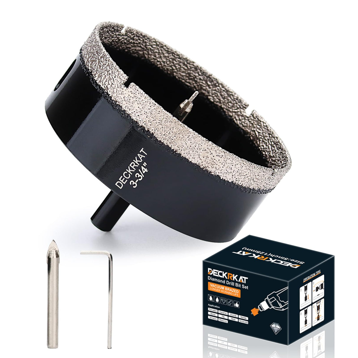 DECKRKAT 3-3/4"Diamond Hole-Saw Bits with Pilot Drill Bit - 3-3/4"Diamond Tipped Tile Hole Saws with Guiding Bit Accurate Drilling for Porcelain Tile Ceramic Pottery Granite Stone Glass Bottles 95mm