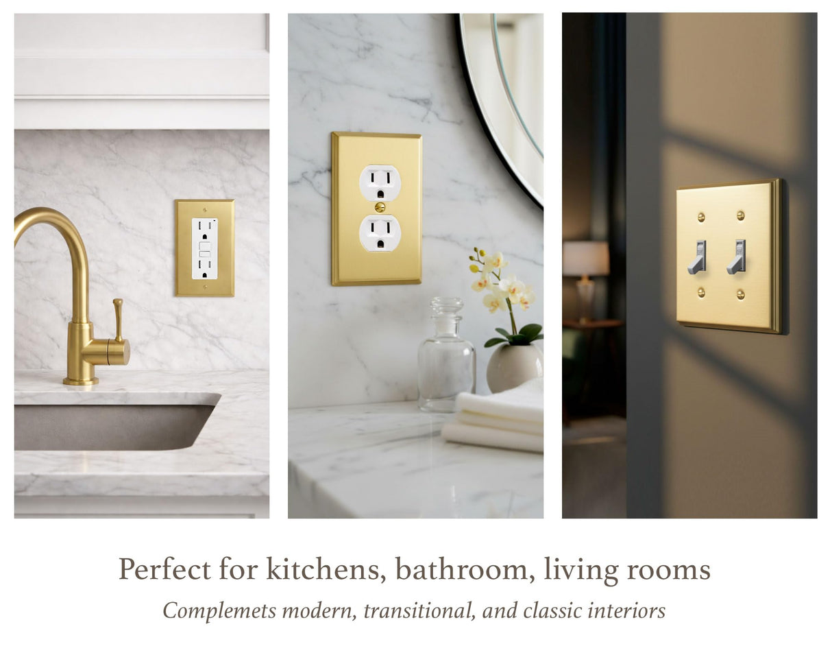 Rio Salto Duplex Outlet Cover Receptacle Wall Plate Electrical Outlet Covers BRASS Brushed Gold Metal Decorative Wall Plate — Deco Collection 4.50" X 2.75"
