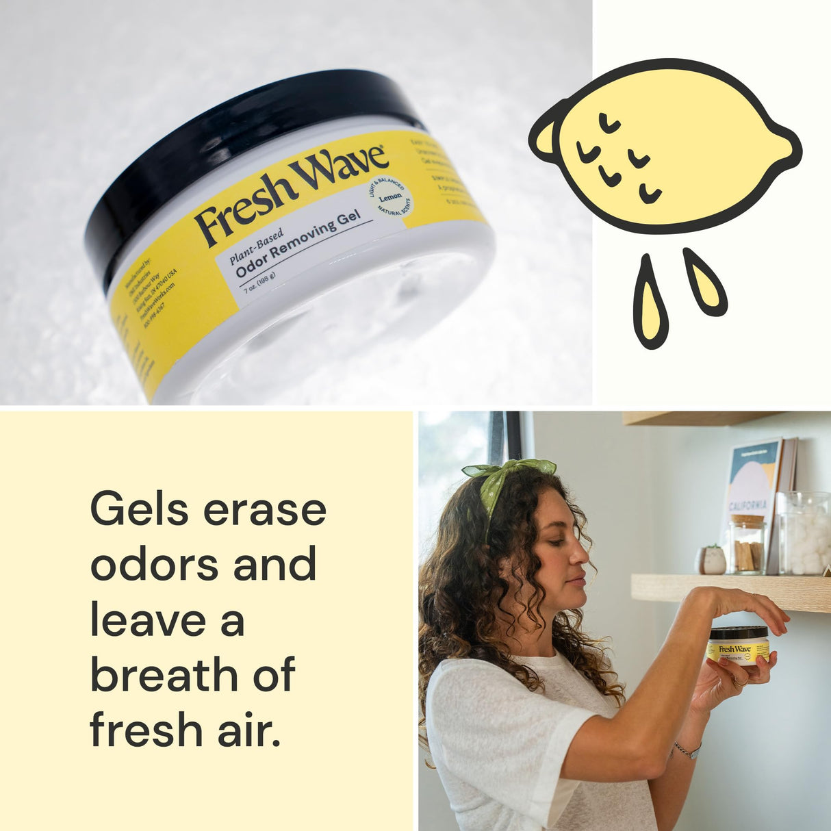Fresh Wave Lemon Odor Removing Gel, 7 oz., Pack of 3 - Safer Odor Absorbers for Home, Natural Plant-Based Odor Eliminator, Every 7 oz. lasts 15-30 Days, For Cooking, Trash & Pets