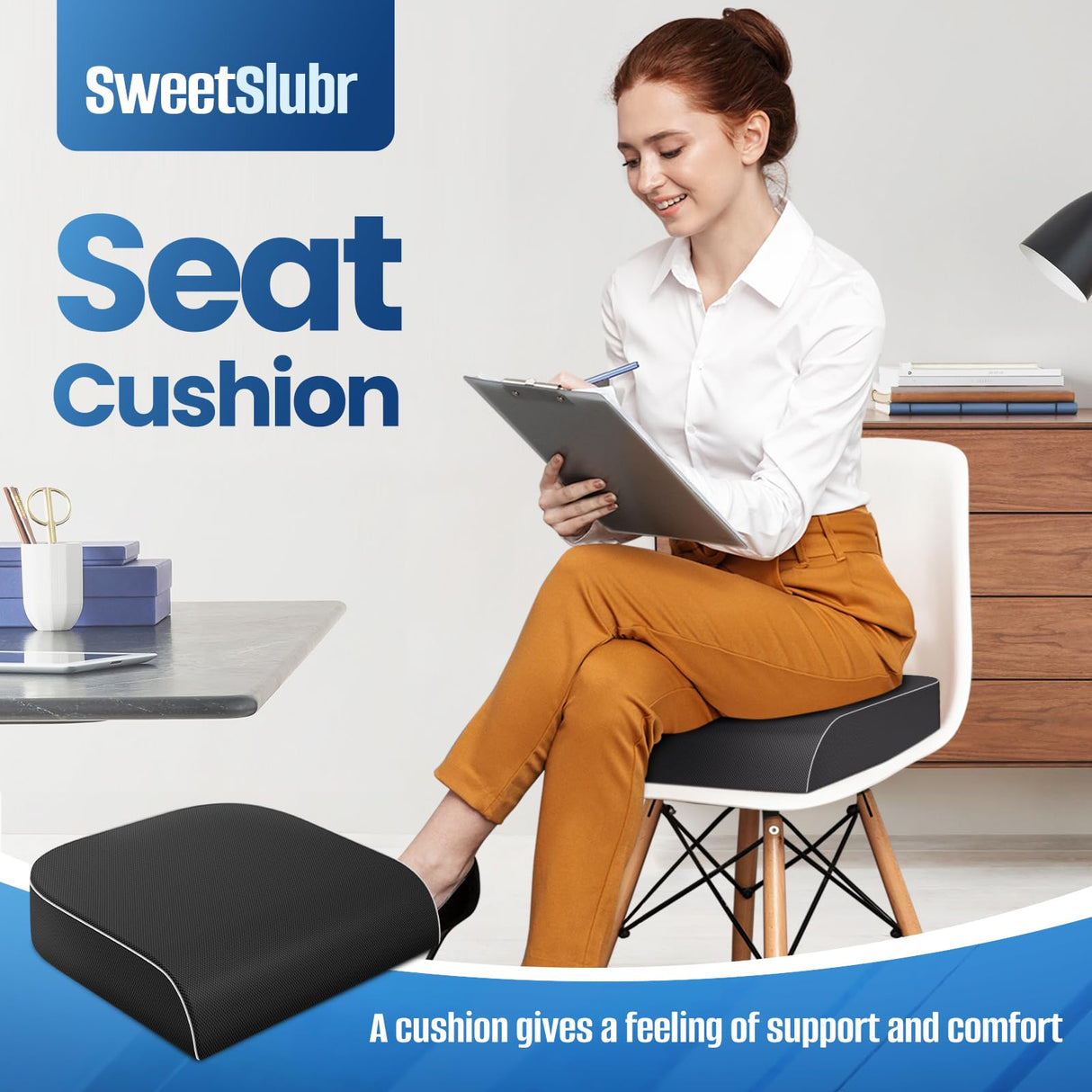 SweetSlubr Seat Cushion for Taibone Pain Relief, Office Chair Cushion, Memory Foam Large Chair Cushion with Non-Slip Cover for Soft Support at Office Chair, Car Seat, Airplane, Bleacher Black/Large