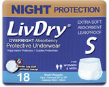 LivDry Adult S Incontinence Underwear, Overnight Comfort Absorbency, Leak Protection, Small, 18-Pack
