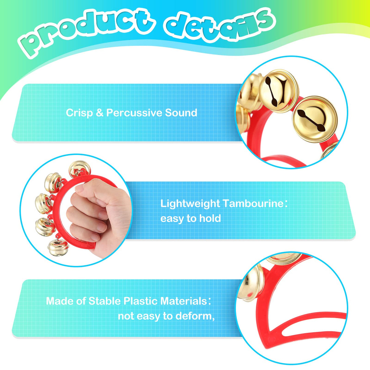 Yeshone 32 Pcs Hand Bells Jingle Bells Bulk Back to School Supplies Tambourine Noise Makers for Kids Adults Musical Instruments Church School Concert Birthday Party Operation Christmas Gifts