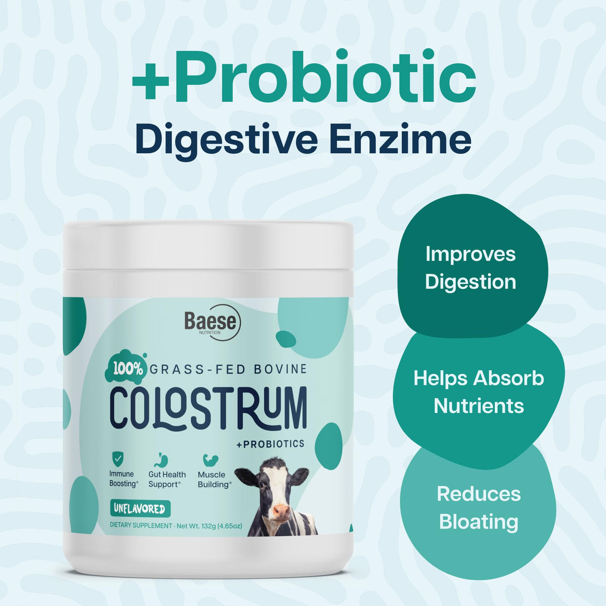 Baese Nutrition 4000mg 800 IgG Grass Fed with Probiotics Bovine Colostrum Powder Supplement for Kids & Adults with Immunoglobulins (132 Grams, Unflavored)