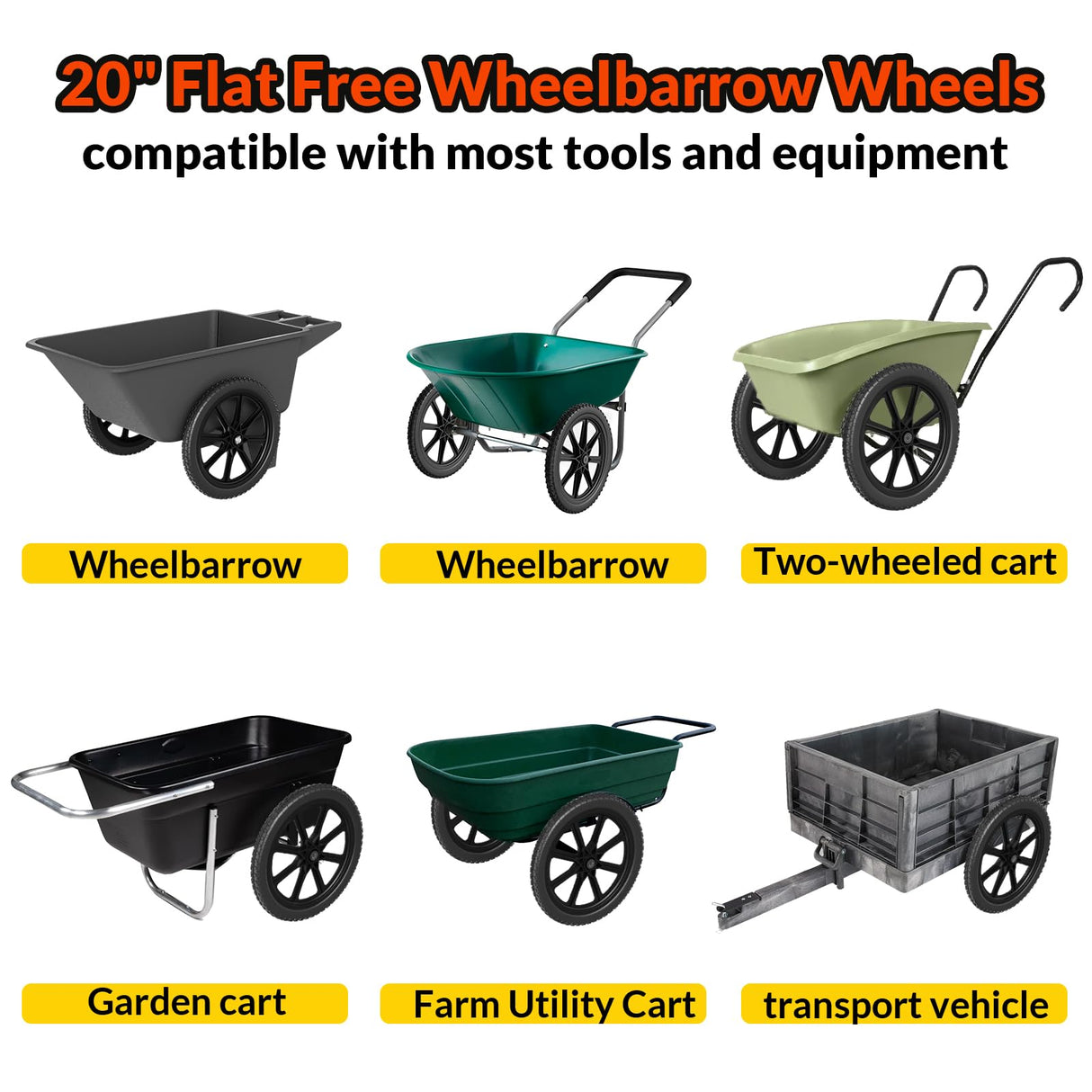 RONPOW 20" Flat Free Wheels Compatible with rubbermaid Wheelbarrows Tires