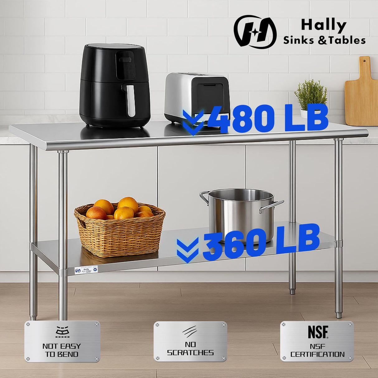 Hally Stainless Steel Table for Prep & Work 24 x 60 Inches, NSF Commercial Heavy Duty Table with Undershelf and Galvanized Legs for Restaurant, Home and Hotel