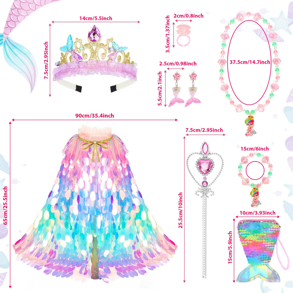 Princess Dress Up Toys Princess Dress Up Clothes Rainbow Mermaid Cape Kit 9 Pcs Gift Set for Little Girls 3-8 Years Old, Great Gift Set for Birthday Christmas Halloween (Rainbow Multi-Color)