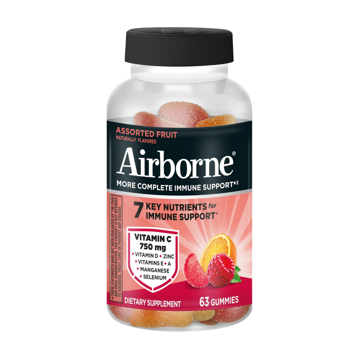 Airborne 750mg Vitamin C Gummies for Adults, Immune Support Supplement with Powerful Antioxidants Vitamins A C & E - 2x63ct Bottles (126 Gummies), Assorted Fruit Flavor