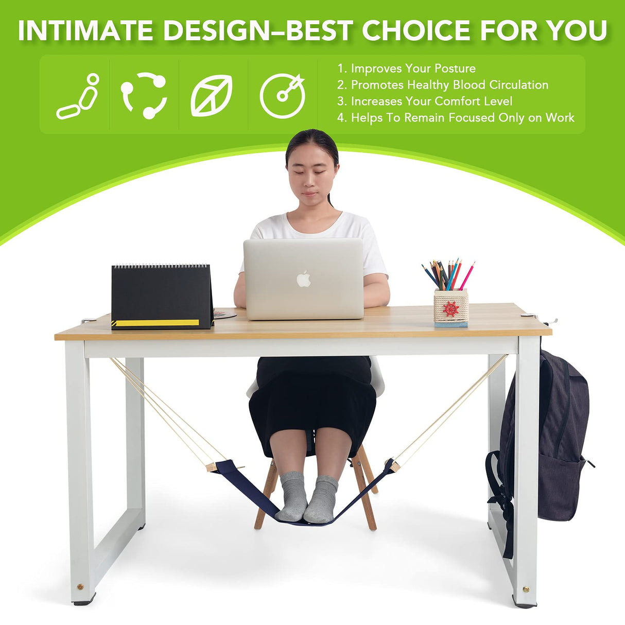 iMissiu Foot Hammock Under Desk Footrest | Adjustable Office Foot Rest Under Desk Hammock | Portable Desk Feet Hammock with Headphones Holder (Black)