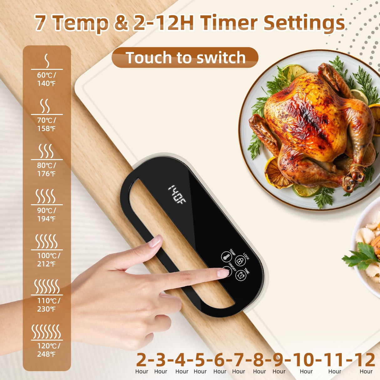 Food Warming Mat – Fast Heating Electric Warming Tray with 7 Temp Settings, 11-Hour Timer & Auto Shut-Off, Foldable Silicone Mat with Child Lock, Portable Warming Pad for Buffets, Holidays – Beige
