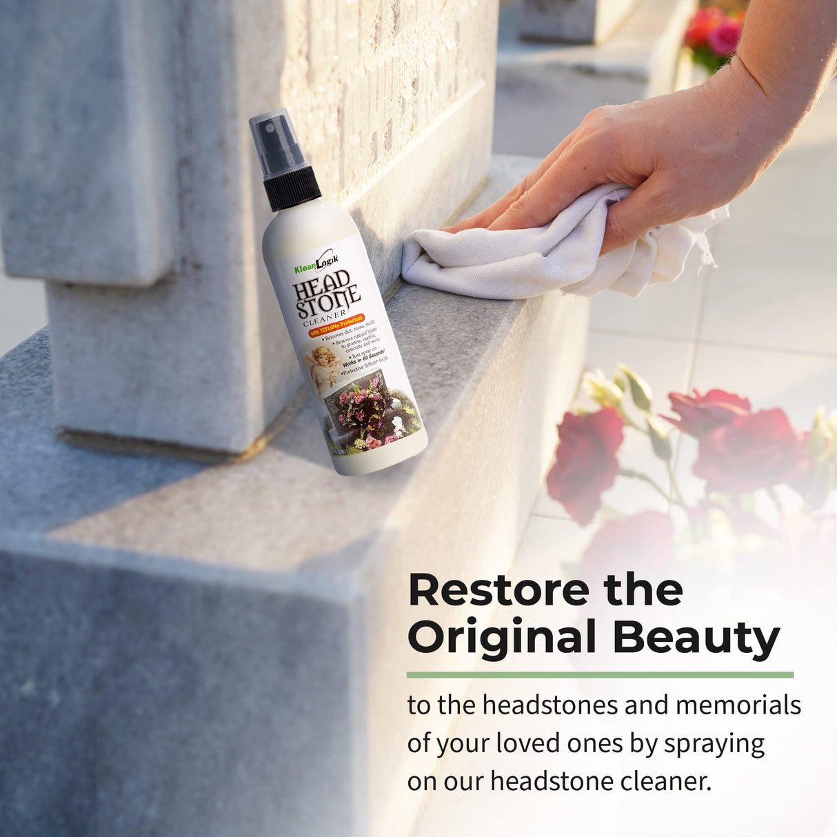 KleanLogik Headstone Cleaner For Graves & Memorials, Tombstone Cleaner Solution Removes Dirt & Plant Growth To Restore Natural Luster To Granite, Marble, Slate, Concrete, Limestone & Stone, 8 Fl Oz