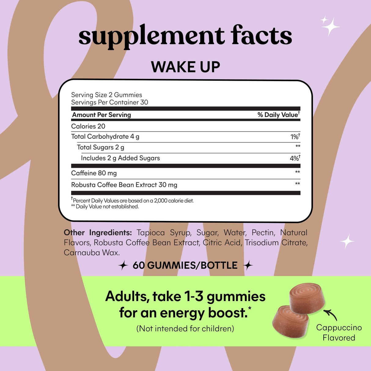 Lemme Wake Up Caffeine Energy Gummies, 80mg of Caffeine Per Serving, Coffee Bean Extract, Cappuccino Flavor, Vegetarian & Gluten Free, 1 Month Supply (60 ct)