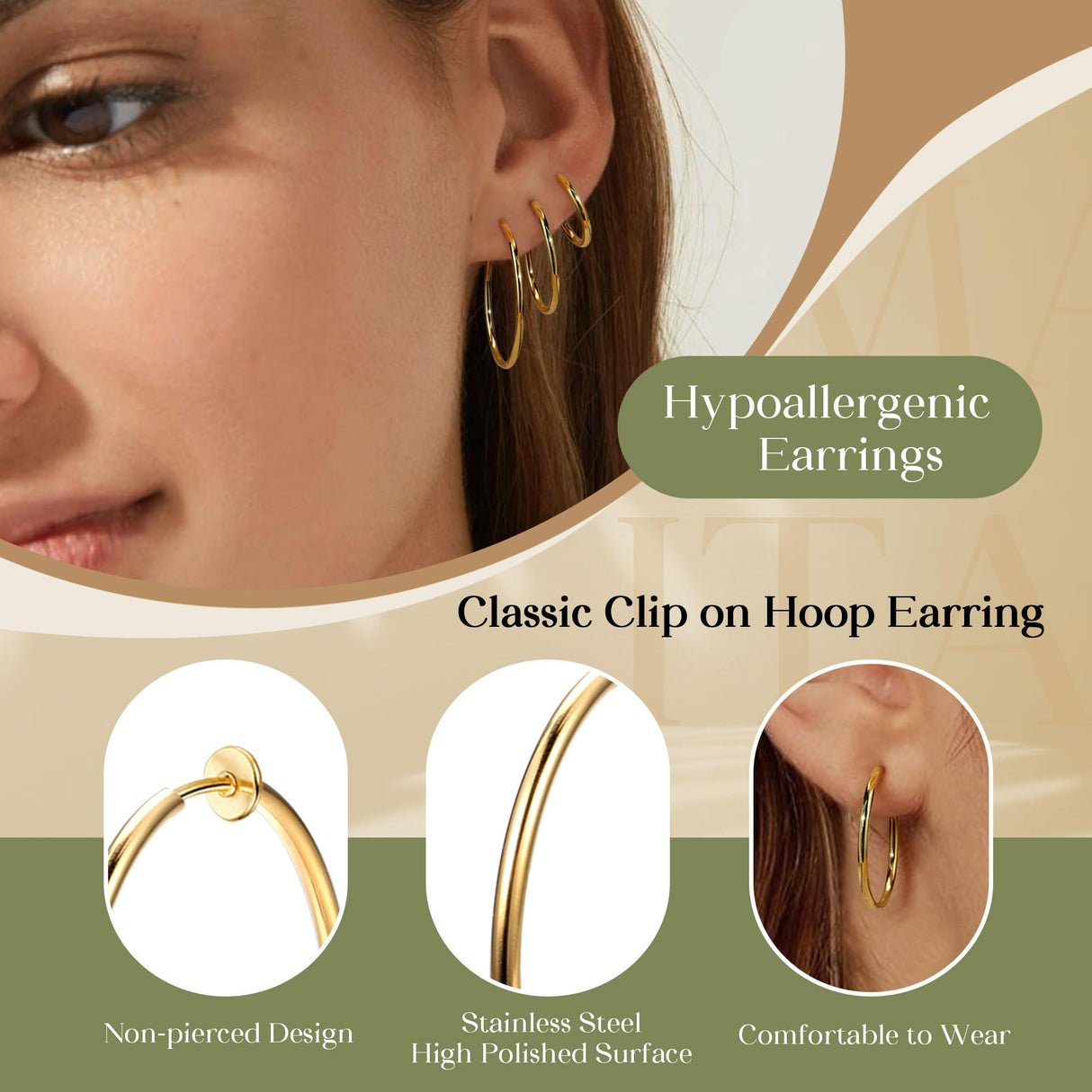 Magitaco 8 Pairs Clip On Hoop Earrings Stainless Steel Clip On Earrings for Women Fake Hoop Earring Spring Hoop Earring For Non-Pierced Ears G